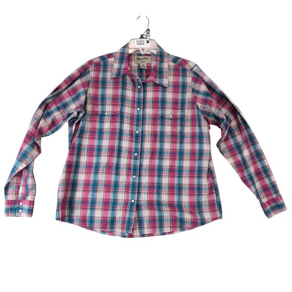 Wrancher by Wrangler Pearl Snap Shirt Women's XXL Pink Blue Gold Plaid Long Slv - Picture 1 of 10